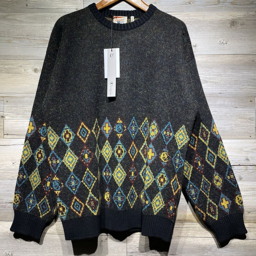 Champion Index + Archives Retro Sweater Large Geometric Mohair Wool Alpaca Italy